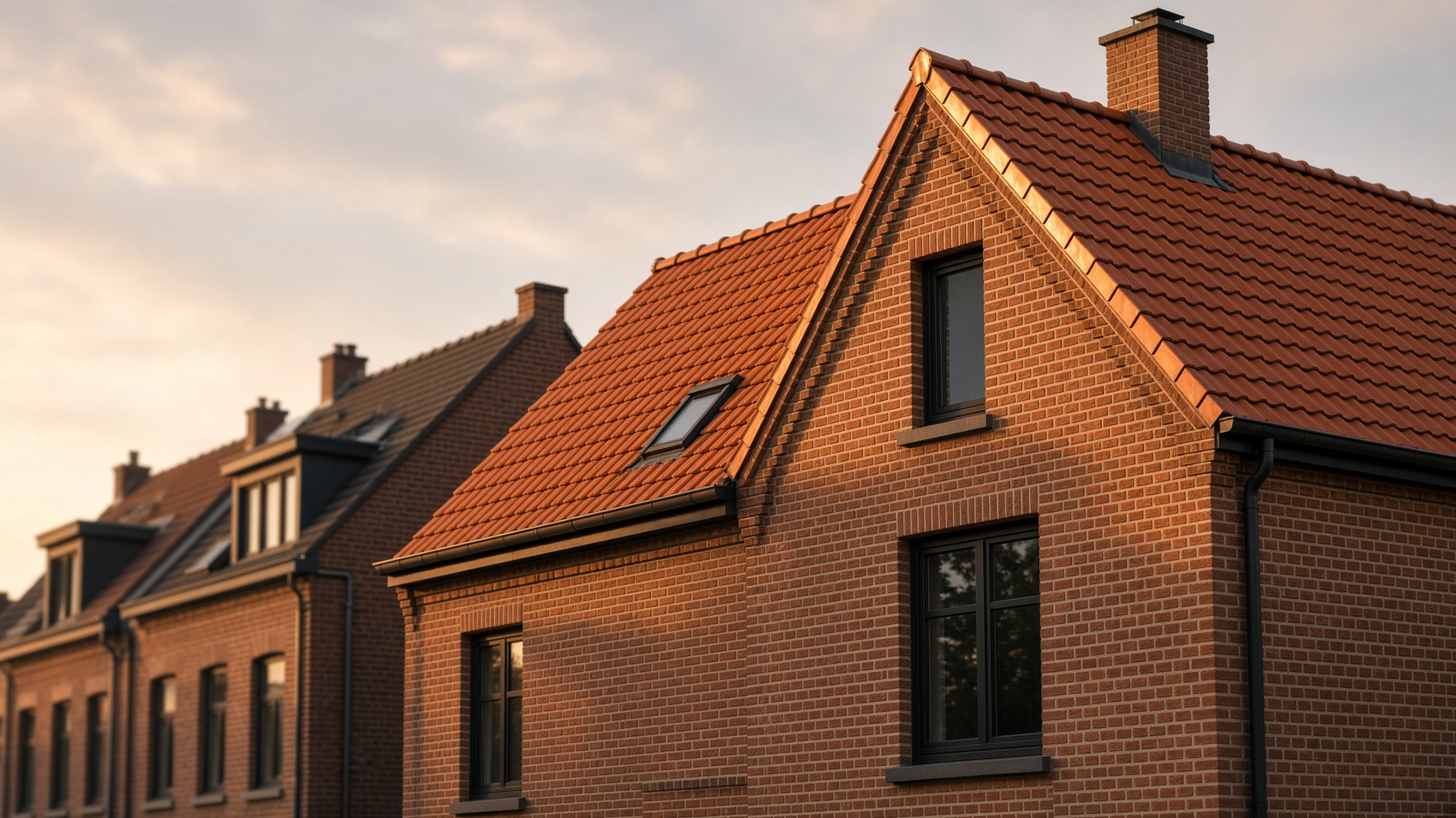 Bakstenen woning met een vers gelegd pannendak in avondlicht